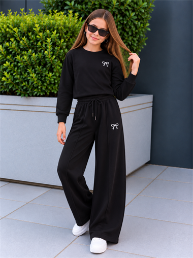 Kız Çocuk Eşofman Takımı Siyah Fiyonklu Sweatshirt ve Bol Paça Pantolon 2li Takım