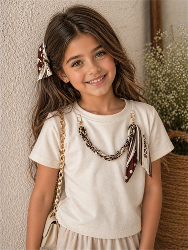 Kız Çocuk Oysho Kumaş Kahverengi Aksesuarlı Şık Tişört 👕✨