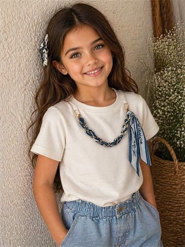 Kız Çocuk Oysho Kumaş Lacivert Aksesuarlı Şık Tişört 👕✨