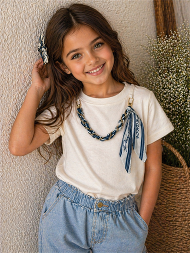 Kız Çocuk Oysho Kumaş Lacivert Aksesuarlı Şık Tişört 👕✨