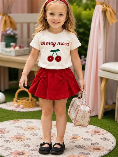 Kız Çocuk Şort Etek Takım Cherry Mood Taş İşlemeli Kiraz Baskılı Beyaz Tshirt Kırmızı Etek