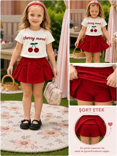 Kız Çocuk Şort Etek Takım Cherry Mood Taş İşlemeli Kiraz Baskılı Beyaz Tshirt Kırmızı Etek