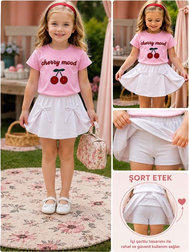 Kız Çocuk Şort Etek Takım Cherry Mood Taş İşlemeli Kiraz Baskılı Pembe Tshirt Beyaz Etek
