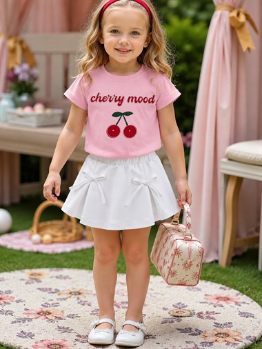 Kız Çocuk Şort Etek Takım Cherry Mood Taş İşlemeli Kiraz Baskılı Pembe Tshirt Beyaz Etek