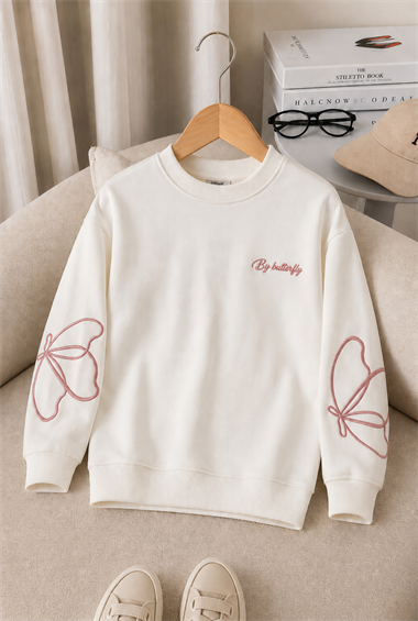 	Kız Çocuk Sweatshirt Uzun Kollu Gül Kurusu Rengi Nakışlı Kelebek Desenli Sweatshirt