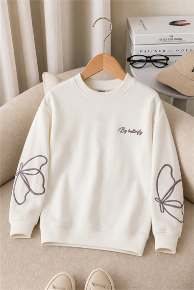Kız Çocuk Sweatshirt Uzun Kollu Kahve Rengi Nakışlı Kelebek Desenli Sweatshirt