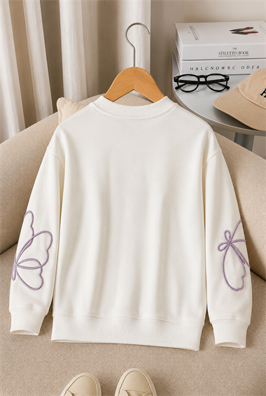 Kız Çocuk Sweatshirt Uzun Kollu Lila Renk Nakışlı Kelebek Desenli Sweatshirt