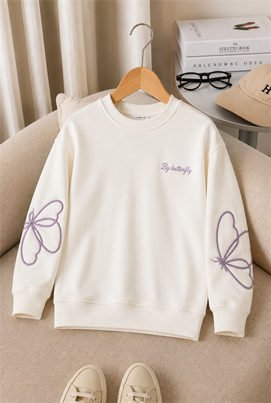 Kız Çocuk Sweatshirt Uzun Kollu Lila Renk Nakışlı Kelebek Desenli Sweatshirt
