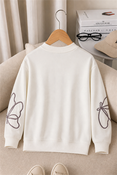 Kız Çocuk Sweatshirt Uzun Kollu Kahve Rengi Nakışlı Kelebek Desenli Sweatshirt