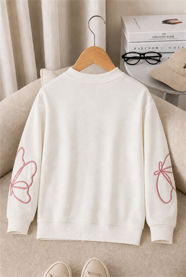 	Kız Çocuk Sweatshirt Uzun Kollu Gül Kurusu Rengi Nakışlı Kelebek Desenli Sweatshirt