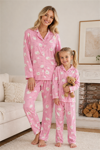 Anne Kız Pijama Takımı Pembe Kuzu Desenli Uzun Kollu Rahat Ev Giyim Takımı