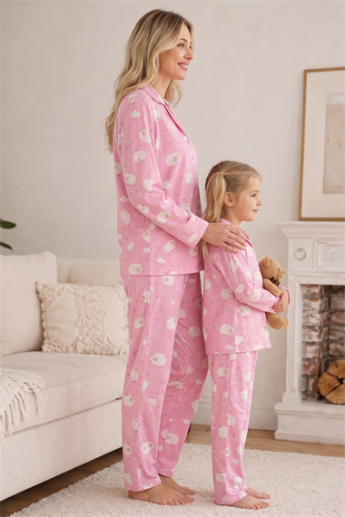 Anne Kız Pijama Takımı Pembe Kuzu Desenli Uzun Kollu Rahat Ev Giyim Takımı