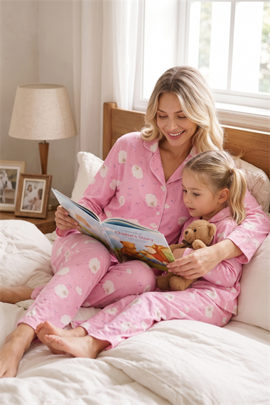 Anne Kız Pijama Takımı Pembe Kuzu Desenli Uzun Kollu Rahat Ev Giyim Takımı