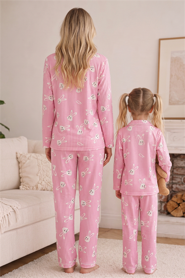 Anne Kız Pijama Takımı  Pembe Tavşan Desenli Uzun Kollu Rahat Ev Giyim Takımı