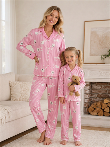 Anne Kız Pijama Takımı  Pembe Tavşan Desenli Uzun Kollu Rahat Ev Giyim Takımı