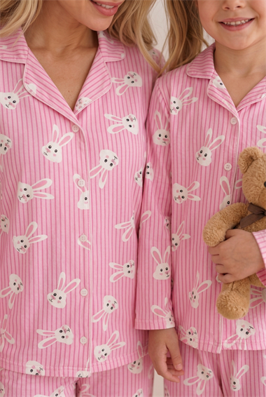 Anne Kız Pijama Takımı  Pembe Tavşan Desenli Uzun Kollu Rahat Ev Giyim Takımı