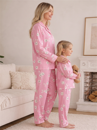 Anne Kız Pijama Takımı  Pembe Tavşan Desenli Uzun Kollu Rahat Ev Giyim Takımı