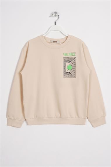 Ön Arka Dijital Baskı Detaylı Taş Renk Erkek Çocuk Sweatshirt