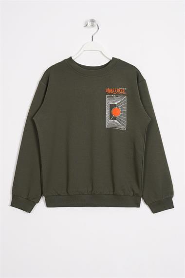 Ön Arka Dijital Baskı Detaylı Haki Renk Erkek Çocuk Sweatshirt