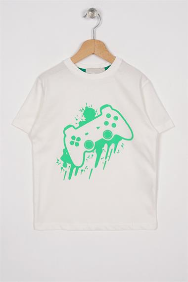 Oyun Konsolu Baskılı Oversize Ekru Renk Erkek Çocuk Tshirt