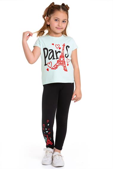 Paris Yazı Baskılı Mint Renk Kız Çocuk Taytlı Takım