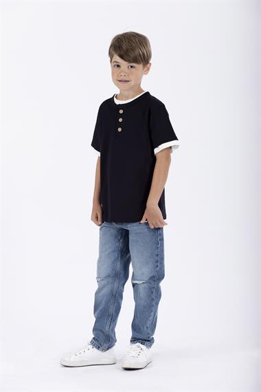 Patlı Düğmeli 2Li Beyaz Lacivert Renk Erkek Çocuk Tshirt