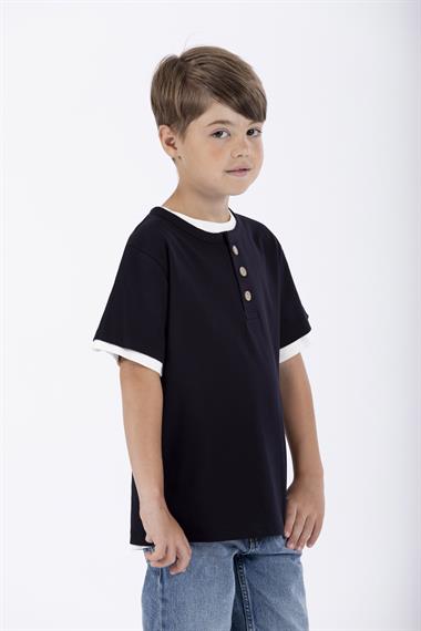 Patlı Düğmeli 2Li Beyaz Lacivert Renk Erkek Çocuk Tshirt
