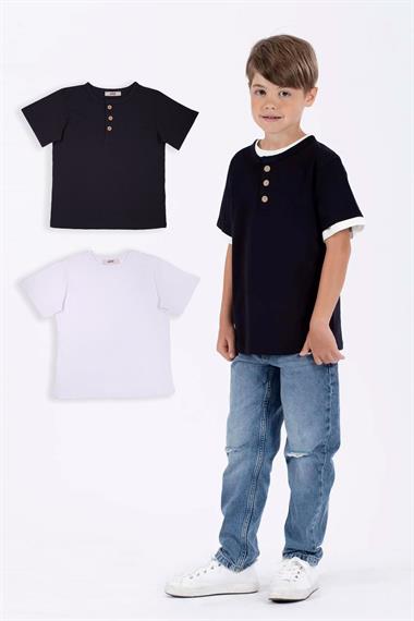 Patlı Düğmeli 2Li Beyaz Lacivert Renk Erkek Çocuk Tshirt