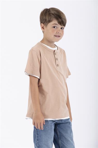 Patlı Düğmeli 2Li Beyaz Bej Renk Erkek Çocuk Tshirt