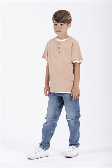 Patlı Düğmeli 2Li Beyaz Bej Renk Erkek Çocuk Tshirt