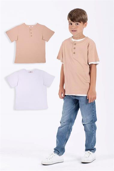Patlı Düğmeli 2Li Beyaz Bej Renk Erkek Çocuk Tshirt