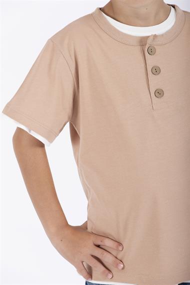 Patlı Düğmeli 2Li Beyaz Bej Renk Erkek Çocuk Tshirt