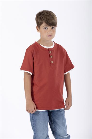 Patlı Düğmeli 2Li Ekru Kiremit Renk Erkek Çocuk Tshirt