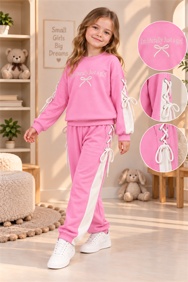 Kız Çocuk Pembe Eşofman Takımı Oysho Kumaş Kaliteli Sweatshirt Pantolon İpli Bağcıklı Spor Günlük Takım