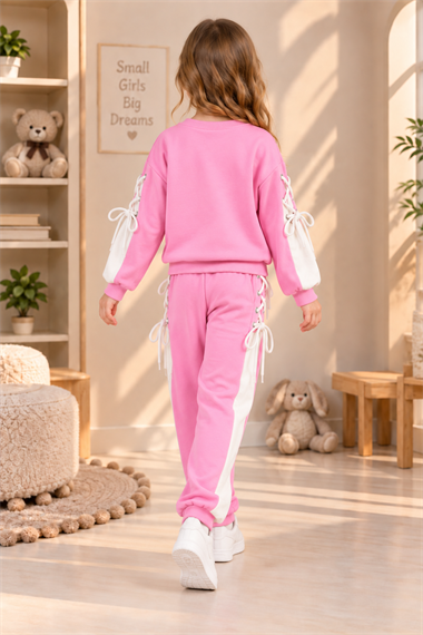 Kız Çocuk Pembe Eşofman Takımı Oysho Kumaş Kaliteli Sweatshirt Pantolon İpli Bağcıklı Spor Günlük Takım
