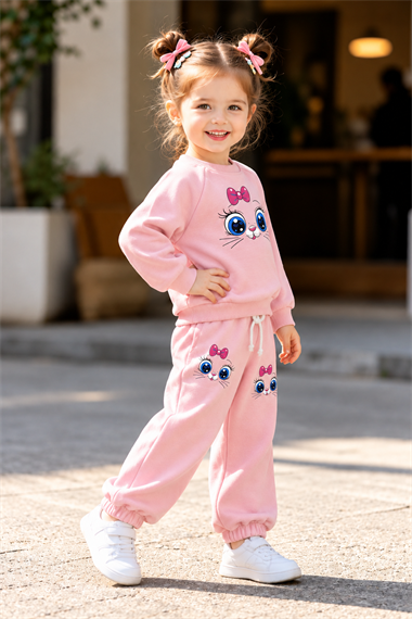 Kız Çocuk 3 İplik Kedi Baskılı Pembe Eşofman Takımı – Fiyonklu Sweatshirt ve Lastikli Paça Alt Üst Takım