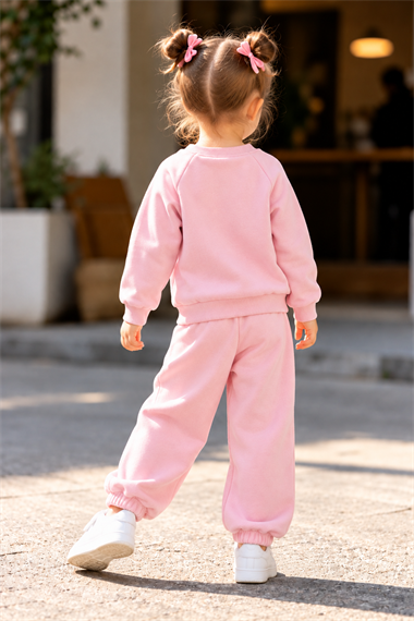 Kız Çocuk 3 İplik Kedi Baskılı Pembe Eşofman Takımı – Fiyonklu Sweatshirt ve Lastikli Paça Alt Üst Takım