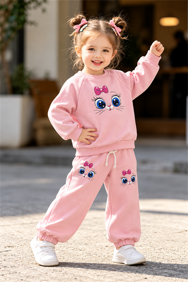Kız Çocuk 3 İplik Kedi Baskılı Pembe Eşofman Takımı – Fiyonklu Sweatshirt ve Lastikli Paça Alt Üst Takım