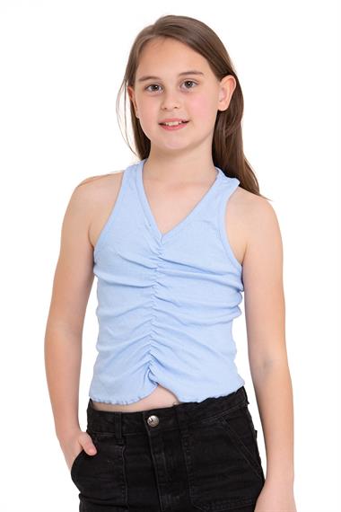 Sıfır Kol V Yaka Büzgülü Buz Mavisi Renk Kız Çocuk Tshirt