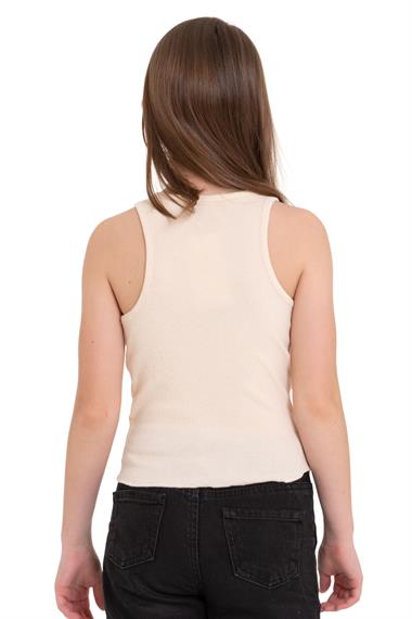 Sıfır Kol V Yaka Büzgülü Ekru Renk Kız Çocuk Tshirt