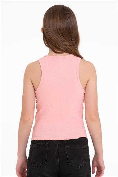 Sıfır Kol V Yaka Büzgülü Somon Renk Kız Çocuk Tshirt