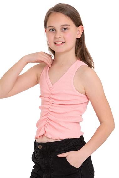 Sıfır Kol V Yaka Büzgülü Somon Renk Kız Çocuk Tshirt