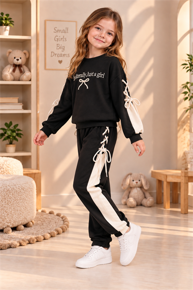 Kız Çocuk Siyah Eşofman Takımı Oysho Kumaş Kaliteli Sweatshirt Pantolon İpli Bağcıklı Spor Günlük Takım