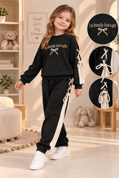 Kız Çocuk Siyah Eşofman Takımı Oysho Kumaş Kaliteli Sweatshirt Pantolon İpli Bağcıklı Spor Günlük Takım