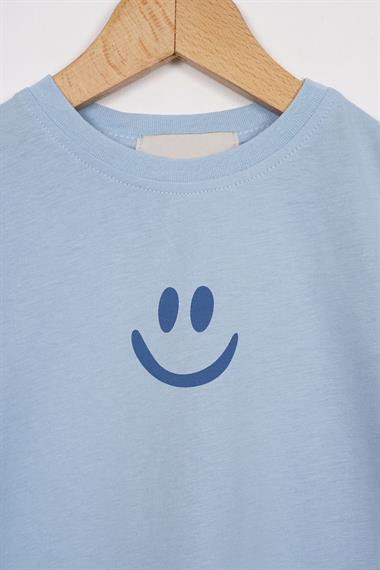 Smile Baskılı Arkası Yazı Baskılı  Buzmavi Renk Erkek Çocuk Kaprili Takım