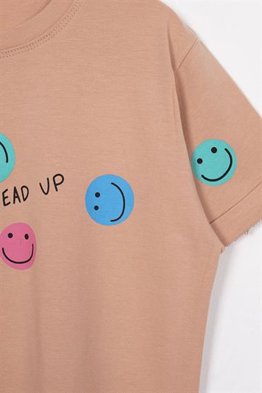 Smile Baskılı Bej Renk Kız Çocuk Tshirt