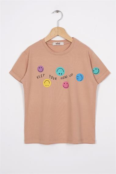 Smile Baskılı Bej Renk Kız Çocuk Tshirt