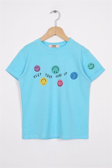Smile Baskılı Turkuaz Renk Kız Çocuk Tshirt