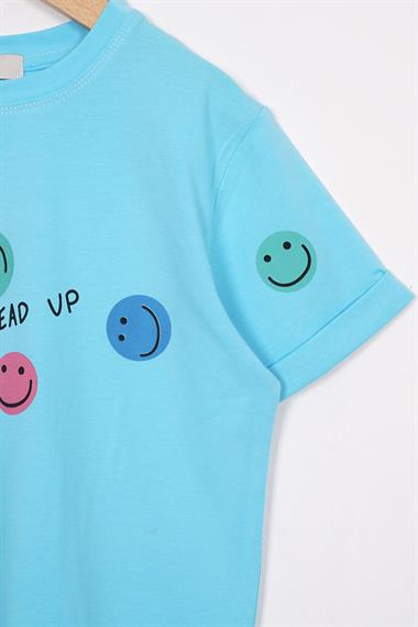 Smile Baskılı Turkuaz Renk Kız Çocuk Tshirt
