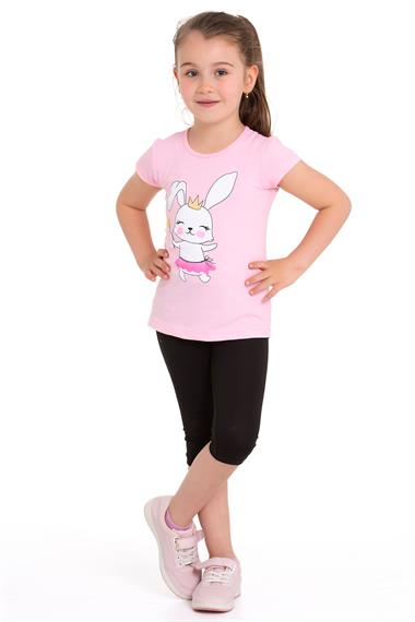 Tavşan Baskılı Açık Pembe Renk Kız Çocuk Taytlı Takım